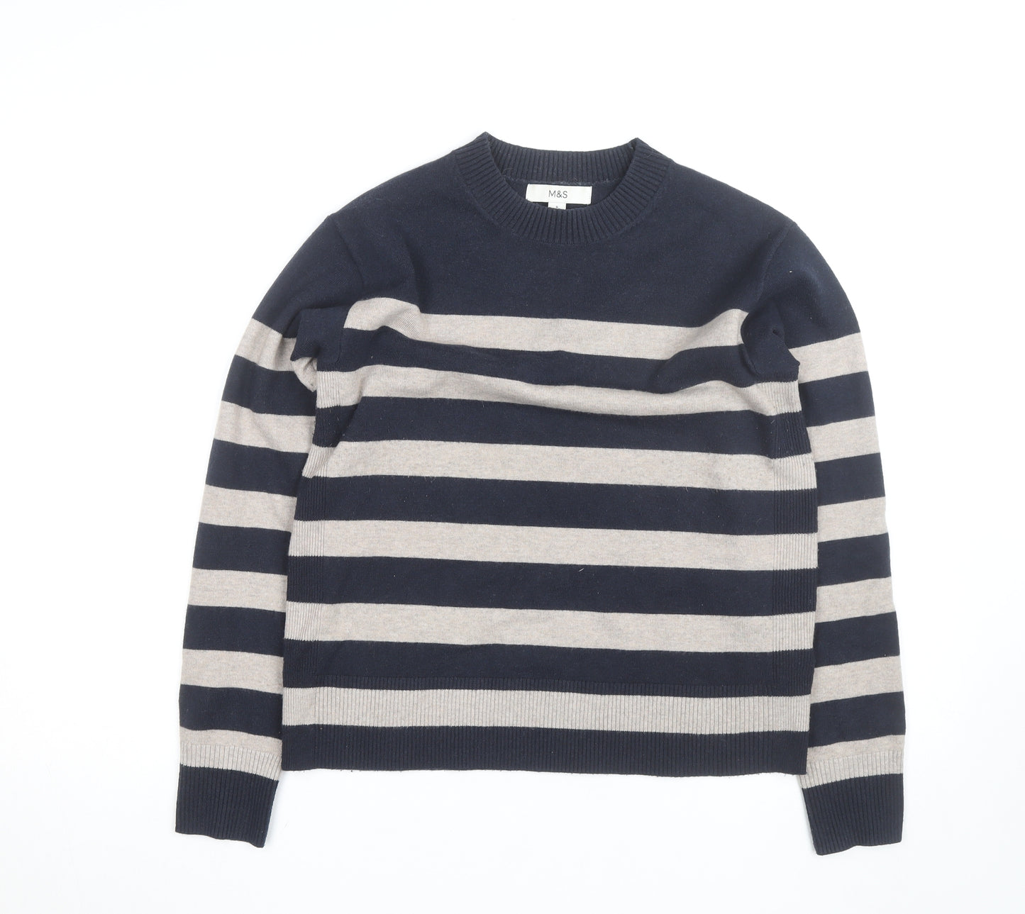 Marks and Spencer Women Navy Beige Striped Crew Neck Jumper Size S