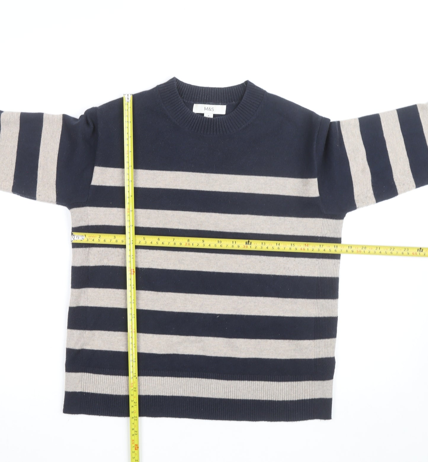 Marks and Spencer Women Navy Beige Striped Crew Neck Jumper Size S