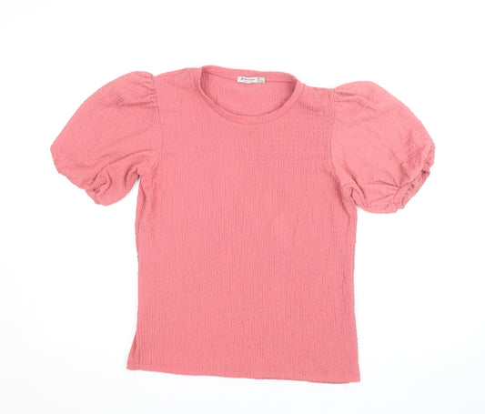 Stradivarius Womens Pink Puff Sleeve Cotton T-Shirt Size 12