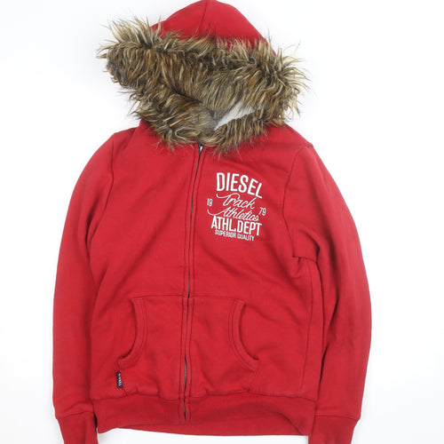 Diesel Mens Red Fur Lined Full Zip Hoodie Jumper Size L