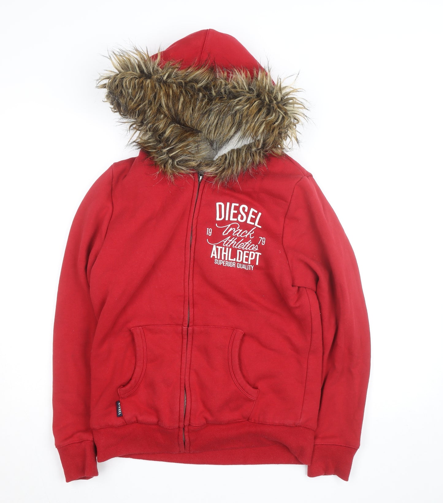 Diesel Mens Red Fur Lined Full Zip Hoodie Jumper Size L