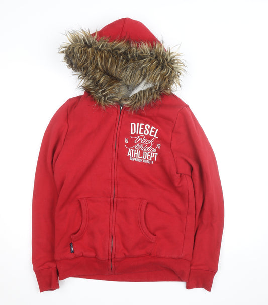 Diesel Mens Red Fur Lined Full Zip Hoodie Jumper Size L