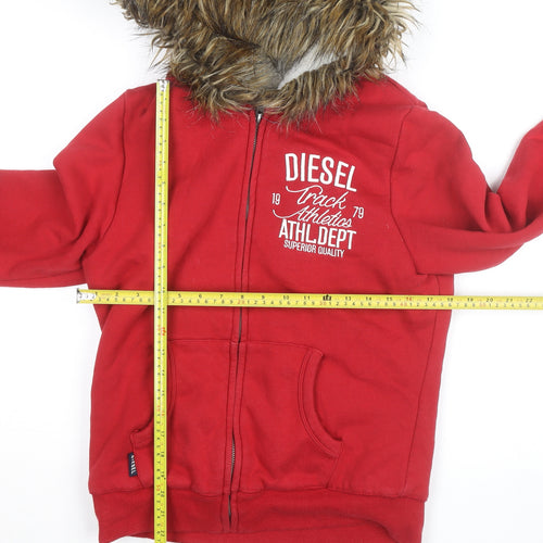 Diesel Mens Red Fur Lined Full Zip Hoodie Jumper Size L