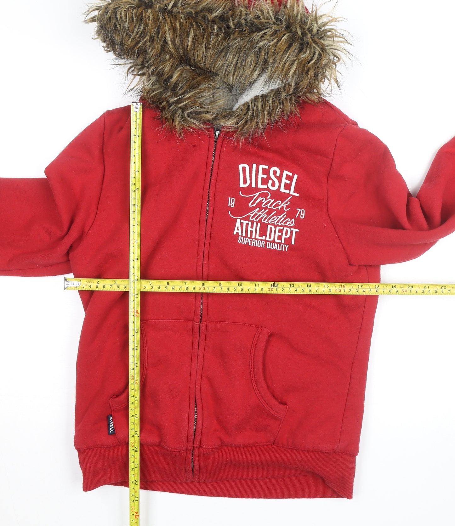 Diesel Mens Red Fur Lined Full Zip Hoodie Jumper Size L