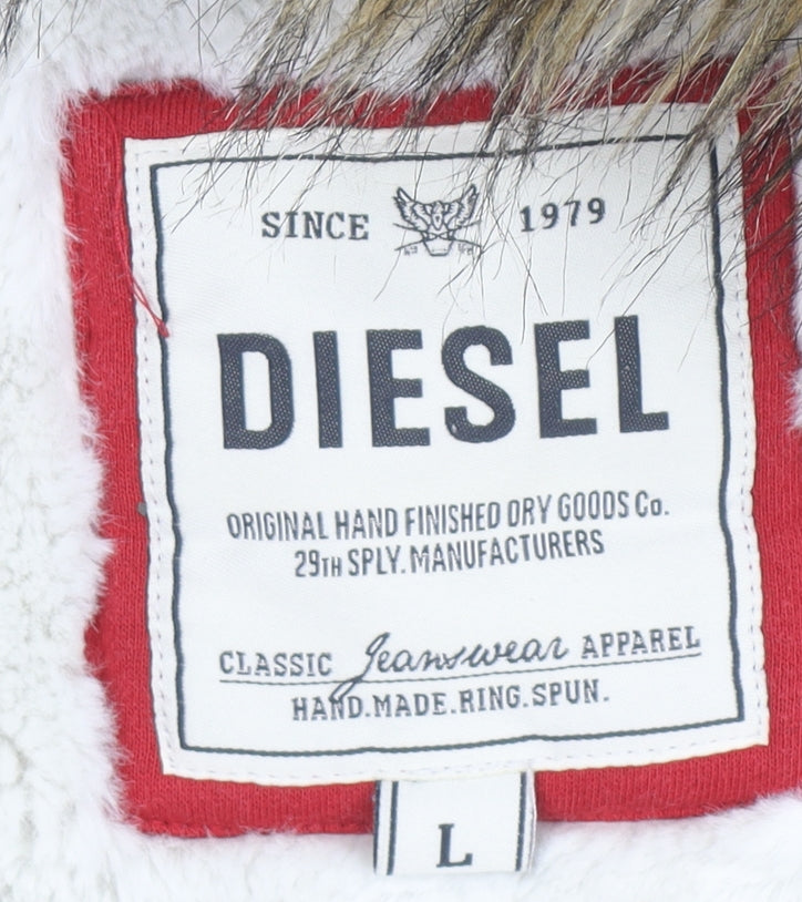 Diesel Mens Red Fur Lined Full Zip Hoodie Jumper Size L