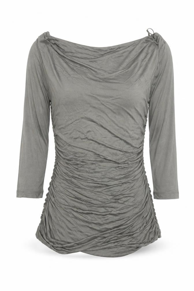 Front view of H&M Women’s Grey Ruched Bodycon Dress, size UK 8, 3/4 Sleeve Pullover