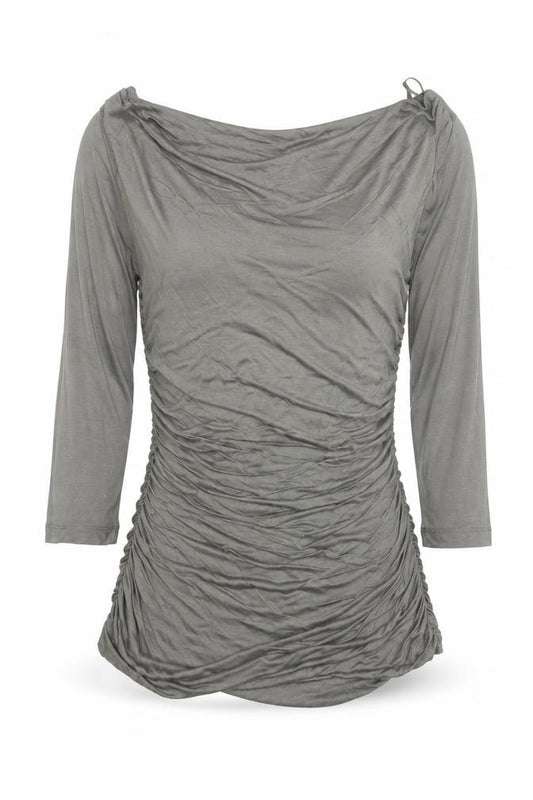 Front view of H&M Women’s Grey Ruched Bodycon Dress, size UK 8, 3/4 Sleeve Pullover