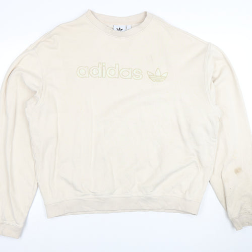 Adidas Women Beige Cotton Crew Neck Pullover Sweatshirt L