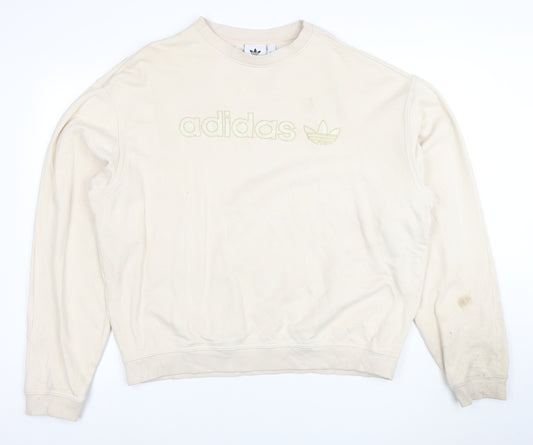 Adidas Women Beige Cotton Crew Neck Pullover Sweatshirt L