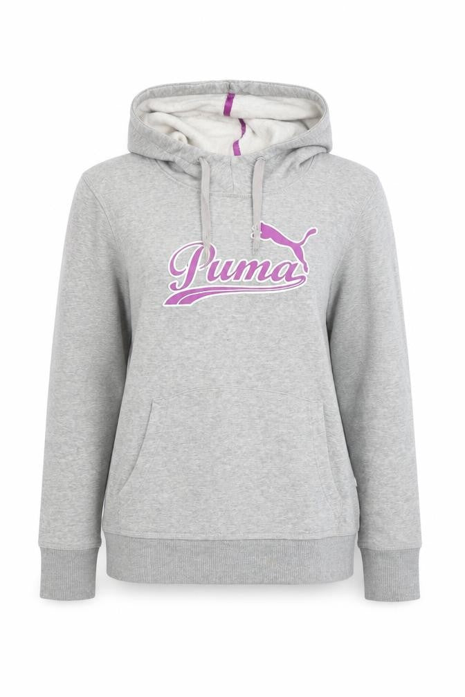 Front view of Puma Women's Grey Hoodie, size 10, Pullover with Logo and Pockets