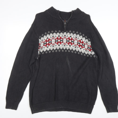 Chaps Men's Grey Fair Isle 1/4 Zip Cotton Ramie Jumper L