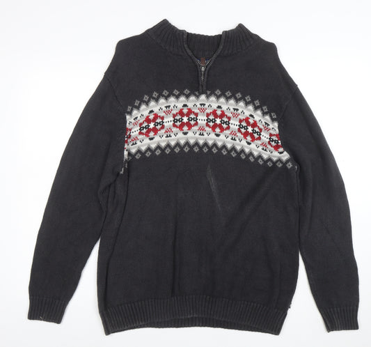Chaps Men's Grey Fair Isle 1/4 Zip Cotton Ramie Jumper L