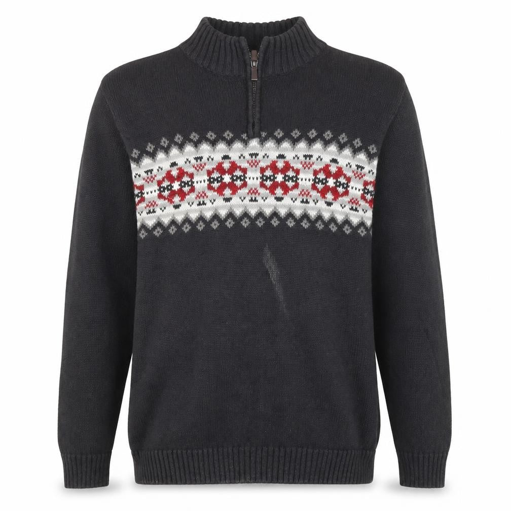 Front view of Chaps Men's Grey Fair Isle 1/4 Zip Cotton Ramie Jumper L