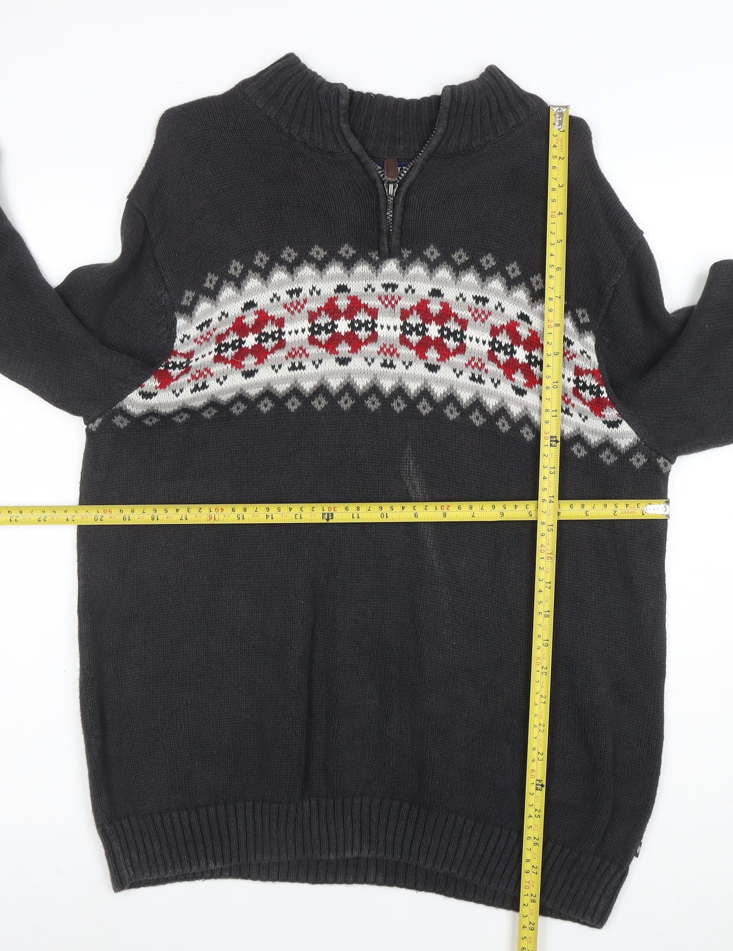 Chaps Men's Grey Fair Isle 1/4 Zip Cotton Ramie Jumper L