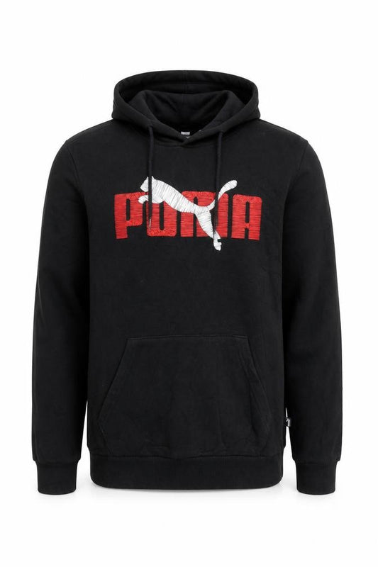 Front view of Puma men’s black small pullover hoodie with red logo