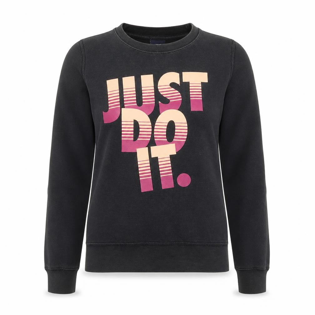 Front view of Nike women’s black 'just do it' pullover sweatshirt, size S