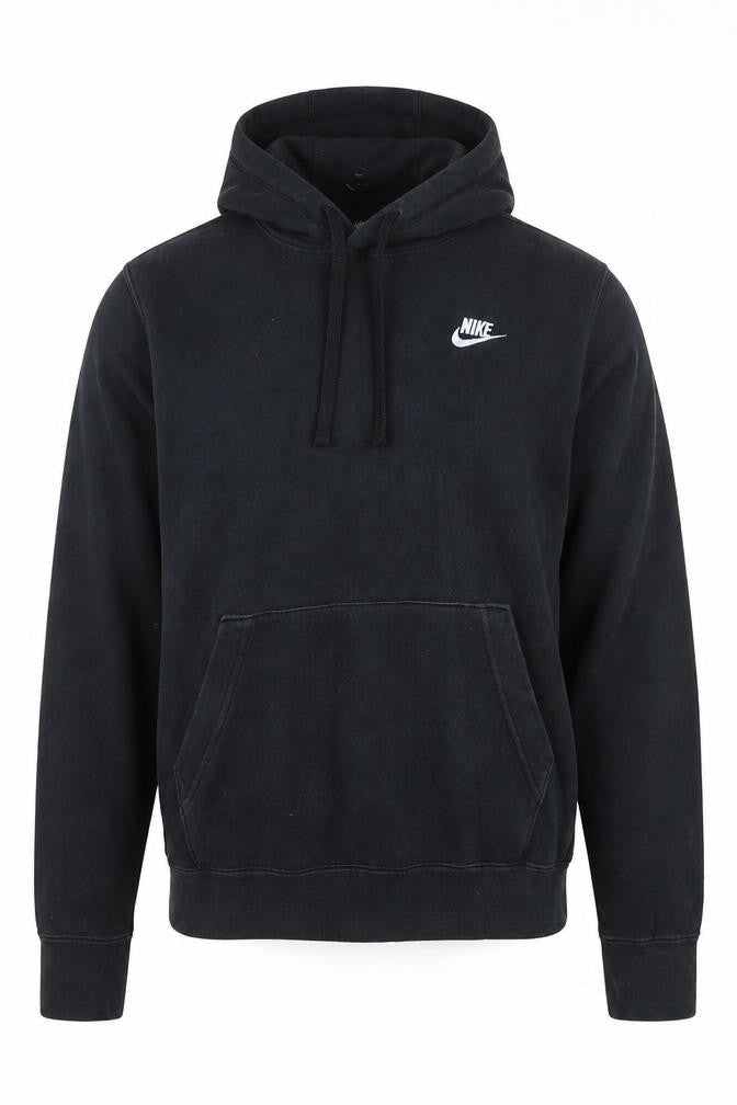 Front view of Nike men’s black pullover hoodie, size S, regular fit fleece sweatshirt