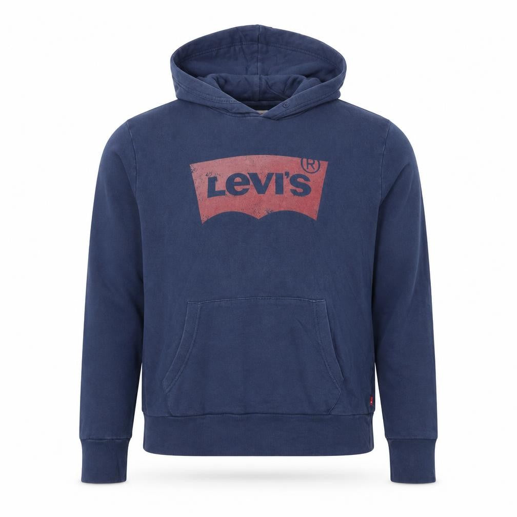 Front view of Levi's Men's Blue Graphic Logo Cotton Pullover Hoodie, size S