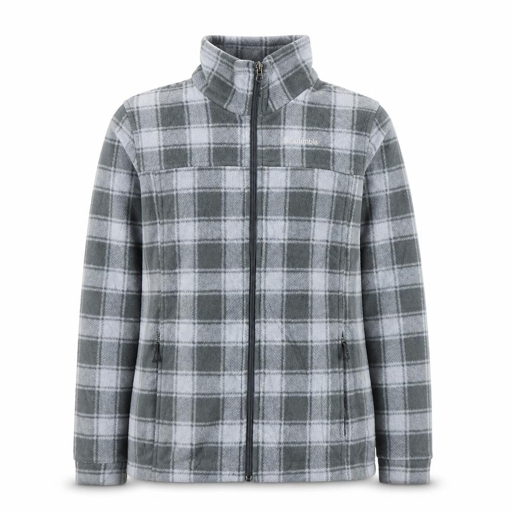 Front view of Columbia Women's Grey Plaid Fleece Full Zip Jacket, size L