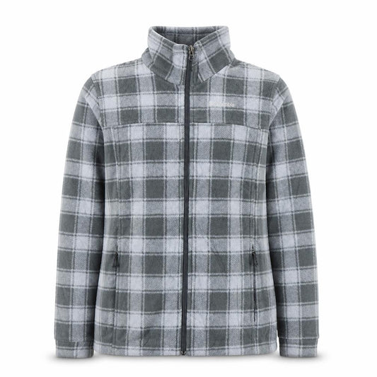 Front view of Columbia Women's Grey Plaid Fleece Full Zip Jacket, size L