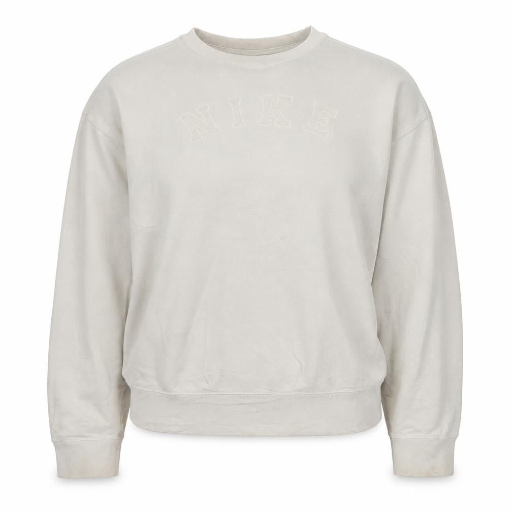 Front view of Nike women’s beige small pullover crew neck sweatshirt