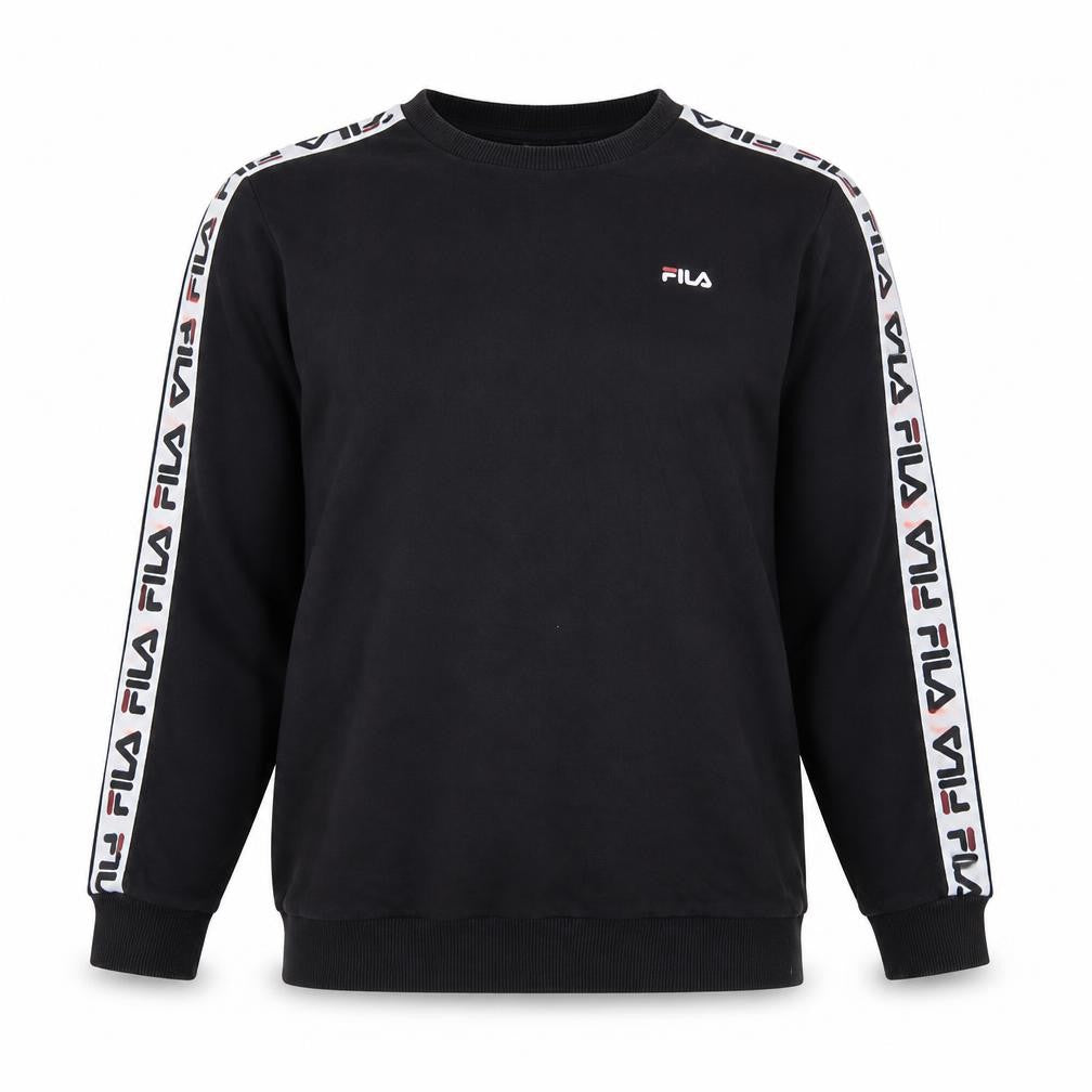 Front view of Fila men’s black logo tape crew neck sweatshirt, size M
