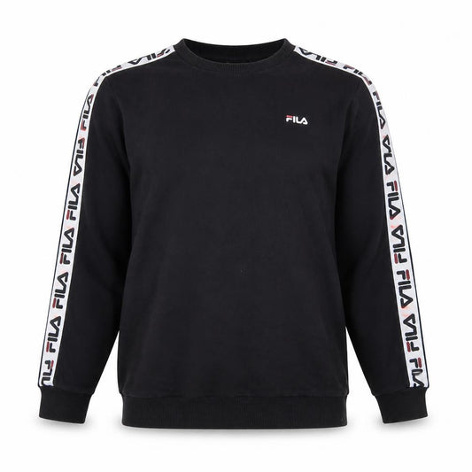 Front view of Fila men’s black logo tape crew neck sweatshirt, size M