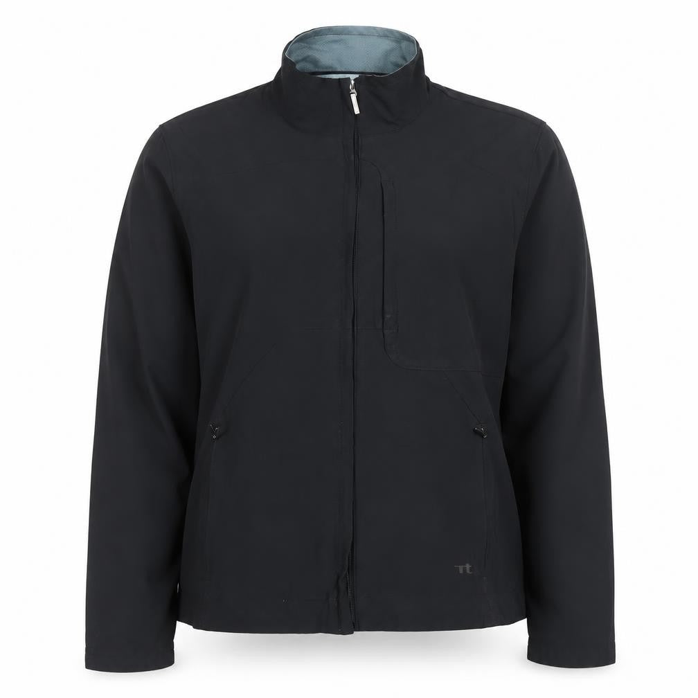 Front view of Reebok women’s black softshell jacket, size UK 14, lightweight zip