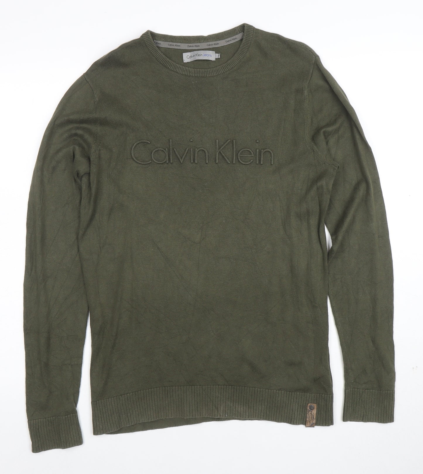 Calvin Klein Men’s Green Cotton Crew Neck Pullover Jumper Size S