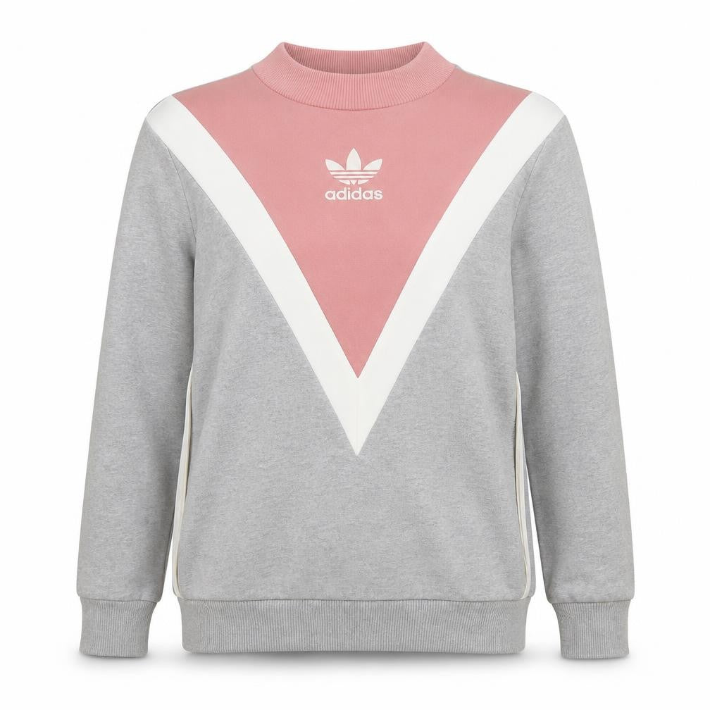 Front view of Adidas women’s grey & pink crew neck pullover sweatshirt, size UK 10, m