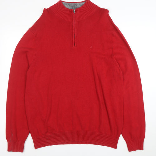 Nautica Men’s Red 1/4 Zip Cotton Jumper XL High Neck Classic Knit