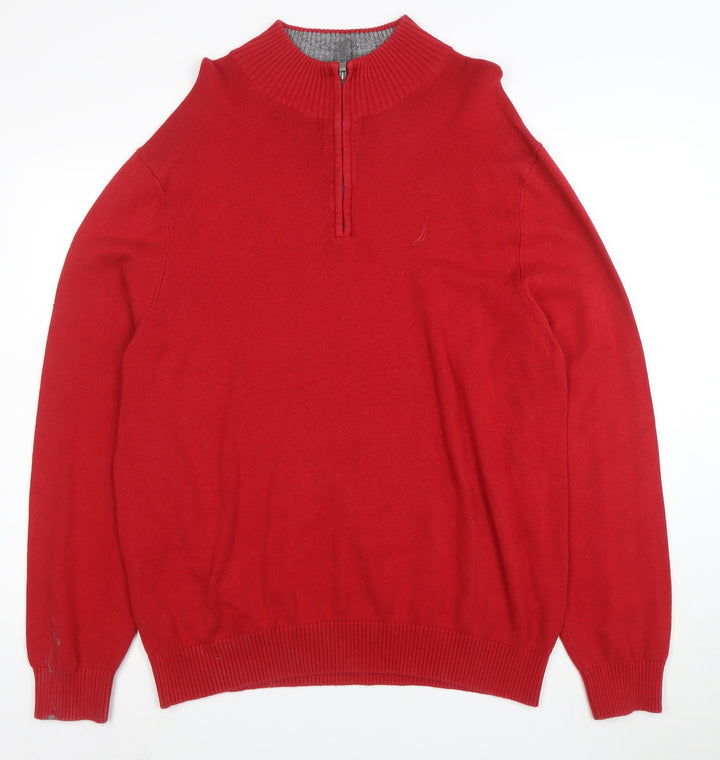 Nautica Men’s Red 1/4 Zip Cotton Jumper XL High Neck Classic Knit
