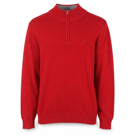 Front view of Nautica Men’s Red 1/4 Zip Cotton Jumper XL High Neck Classic Knit