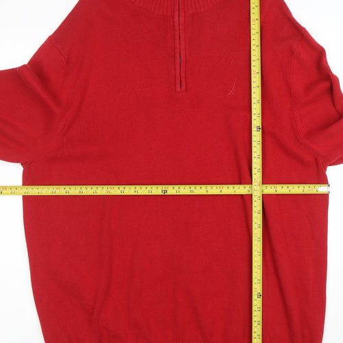 Nautica Men’s Red 1/4 Zip Cotton Jumper XL High Neck Classic Knit