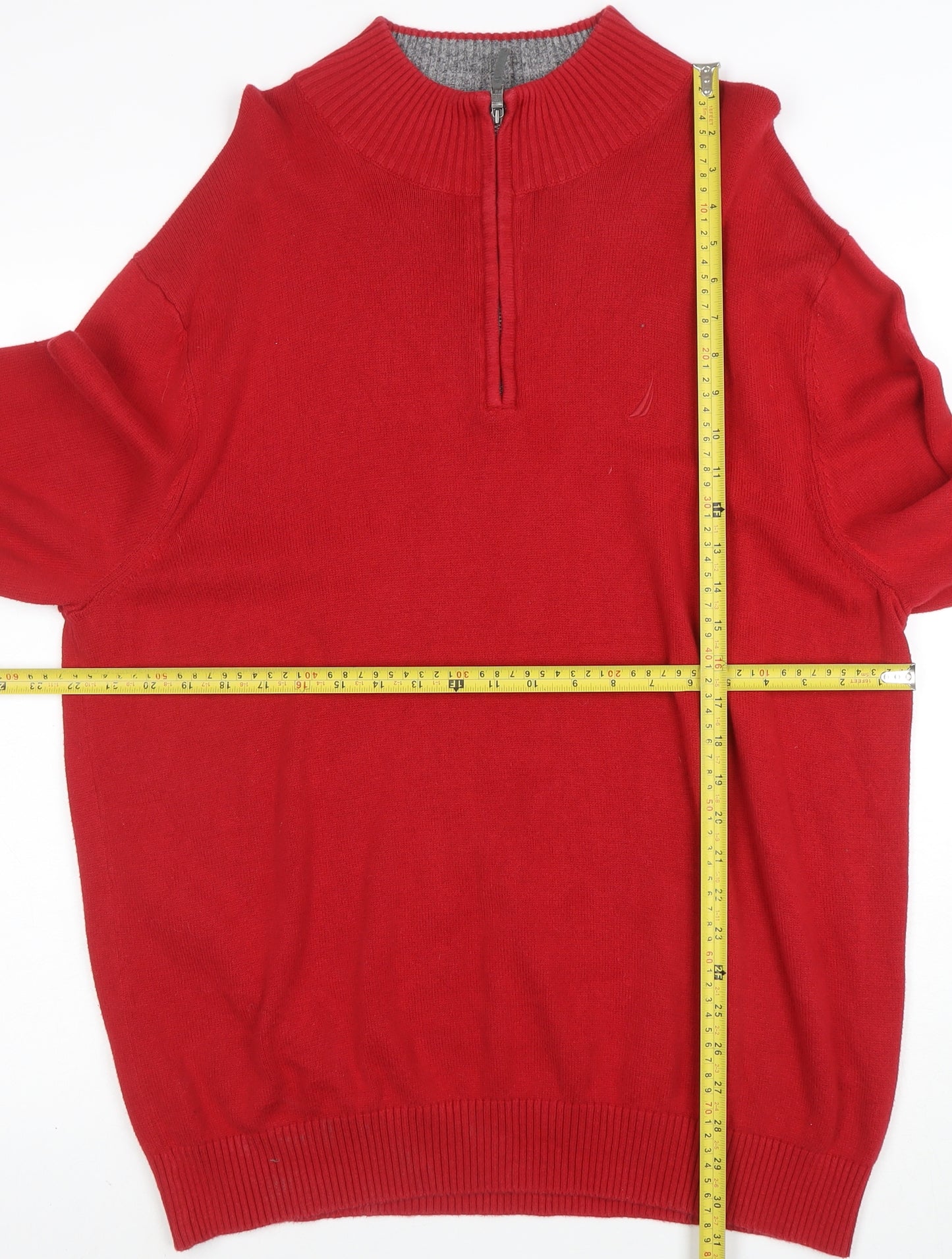 Nautica Men’s Red 1/4 Zip Cotton Jumper XL High Neck Classic Knit