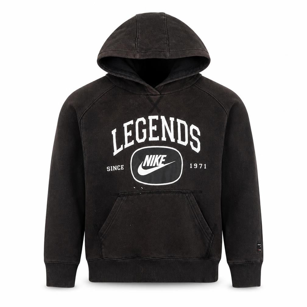 Front view of Nike boys’ black pullover hoodie legends graphic print, size M
