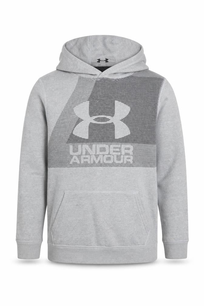Front view of Under Armour boys’ grey pullover hoodie ylg loose fit fleece
