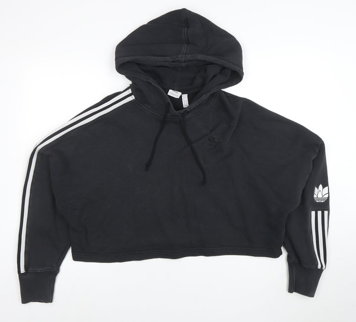Adidas Womens Black Cropped Hoodie Size 12 Pullover Cotton Casual