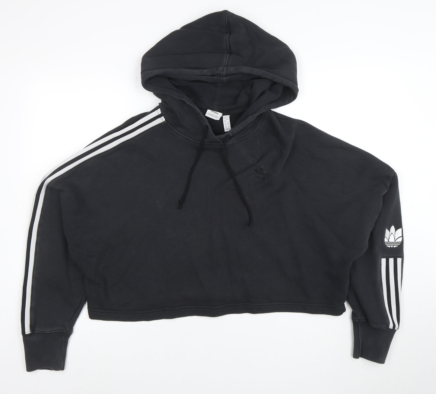 Adidas Womens Black Cropped Hoodie Size 12 Pullover Cotton Casual