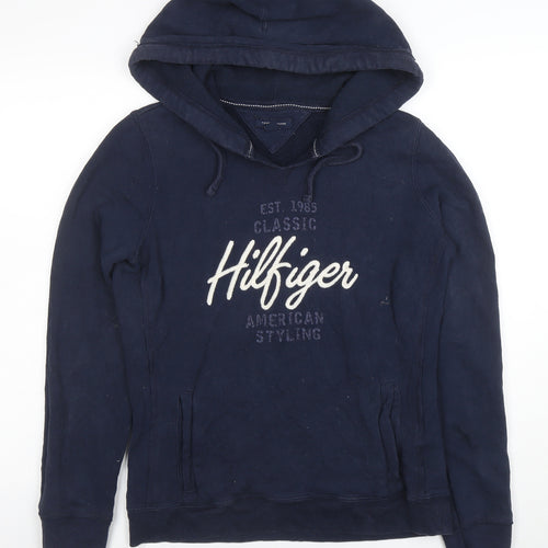 Tommy Hilfiger Men Blue Pullover Hoodie S Embroidered Logo Classic Style