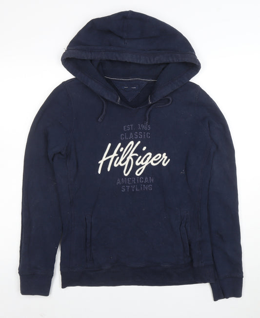 Tommy Hilfiger Men Blue Pullover Hoodie S Embroidered Logo Classic Style