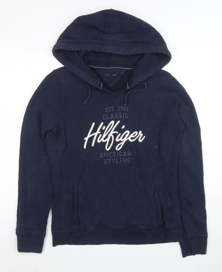 Tommy Hilfiger Men Blue Pullover Hoodie S Embroidered Logo Classic Style