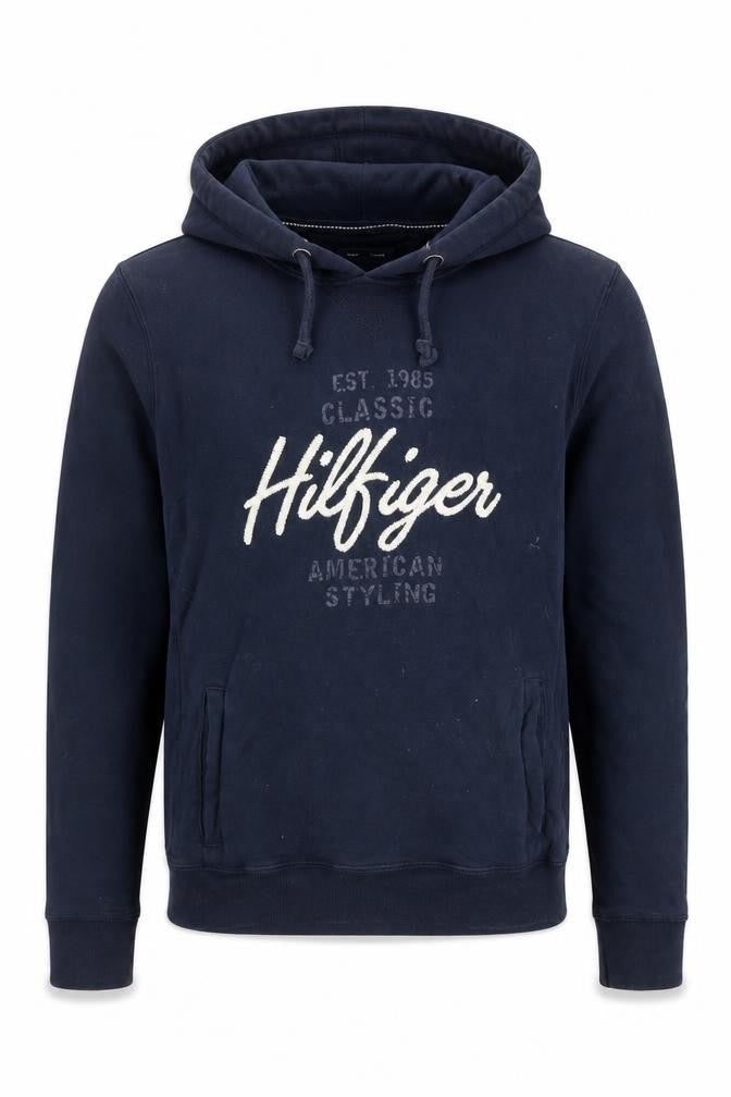 Front view of Tommy Hilfiger Men Blue Pullover Hoodie S Embroidered Logo Classic Style