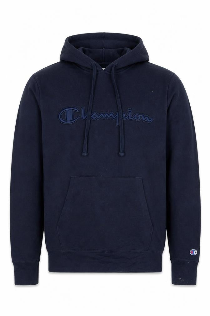 Front view of Champion Men’s Blue Small Pullover Hoodie Embroidered Logo