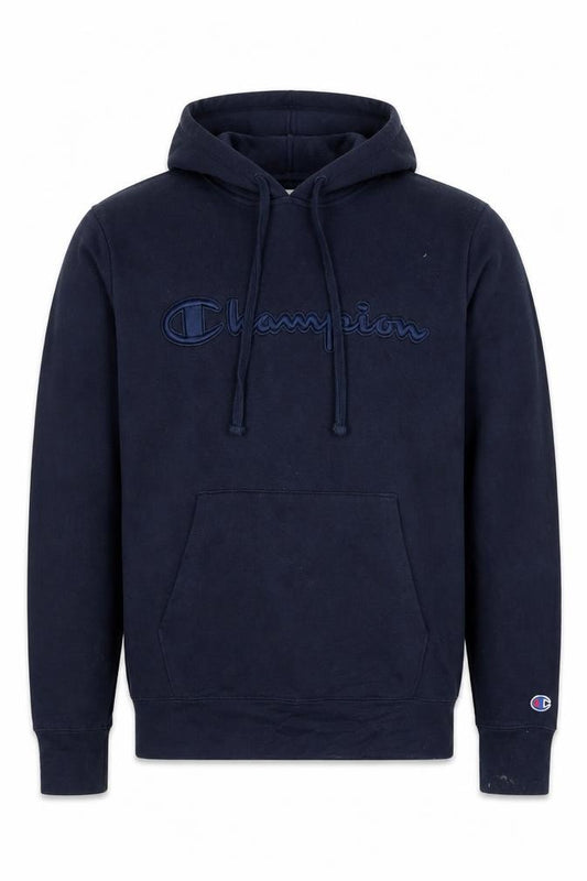 Front view of Champion Men’s Blue Small Pullover Hoodie Embroidered Logo