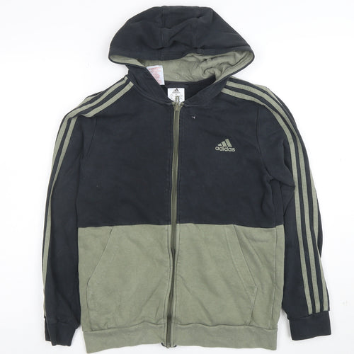 Adidas Boys Black Green Full Zip Hoodie Size 13-14 Years Cotton Blend
