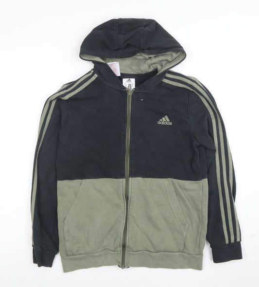 Adidas Boys Black Green Full Zip Hoodie Size 13-14 Years Cotton Blend