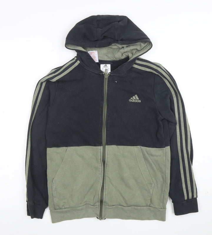 Adidas Boys Black Green Full Zip Hoodie Size 13-14 Years Cotton Blend