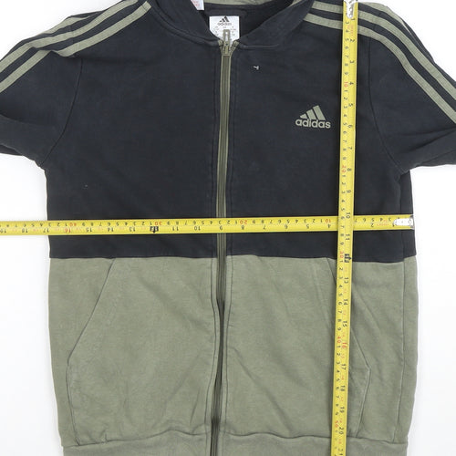 Adidas Boys Black Green Full Zip Hoodie Size 13-14 Years Cotton Blend