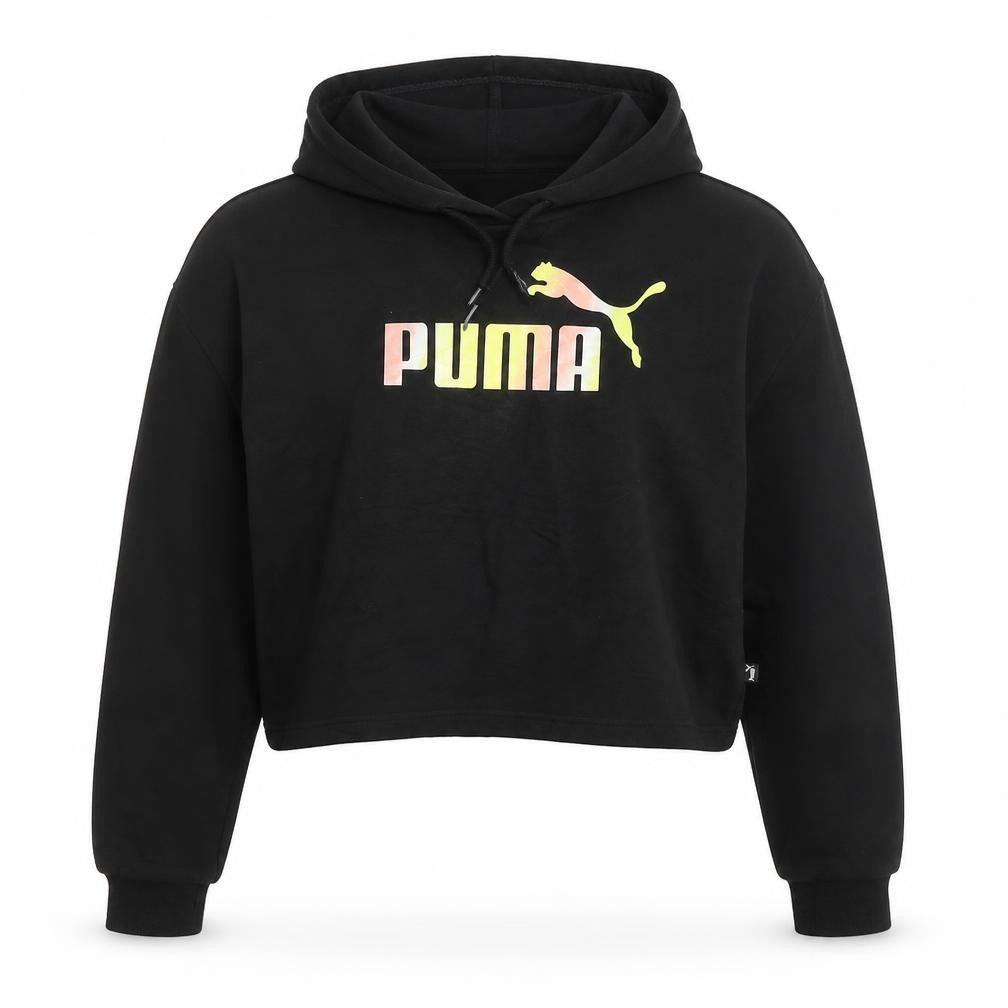 Front view of Puma women’s black xs pullover hoodie with logo print